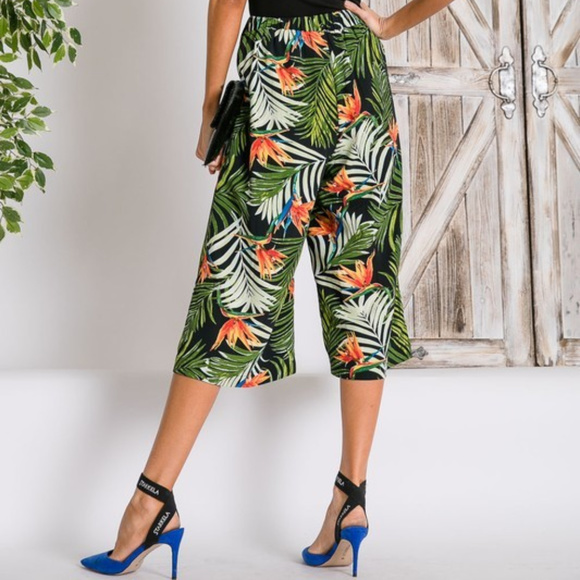 TROPICAL PALM LEAF PRINT WIDE LEG PANTS - Picture 4 of 4